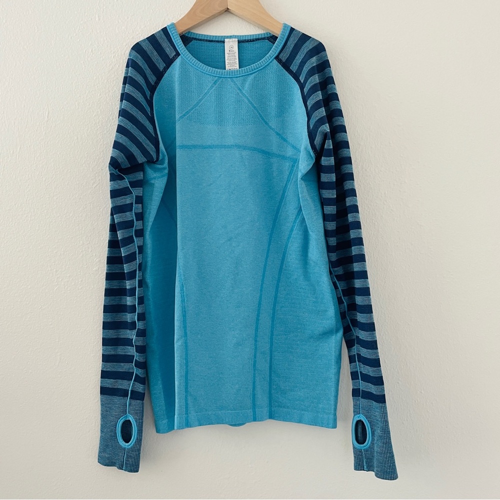 Ivivva Swiftly Fly Tech Long Sleeve Athletic Top Size 14 Blue Stripe